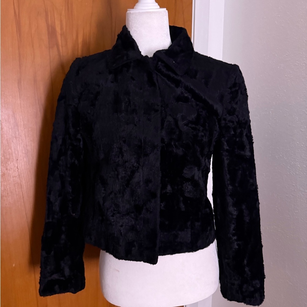 Vintage Casual Corner Black Faux Fur Cropped Jacket Textured Plush Retro Sz 2